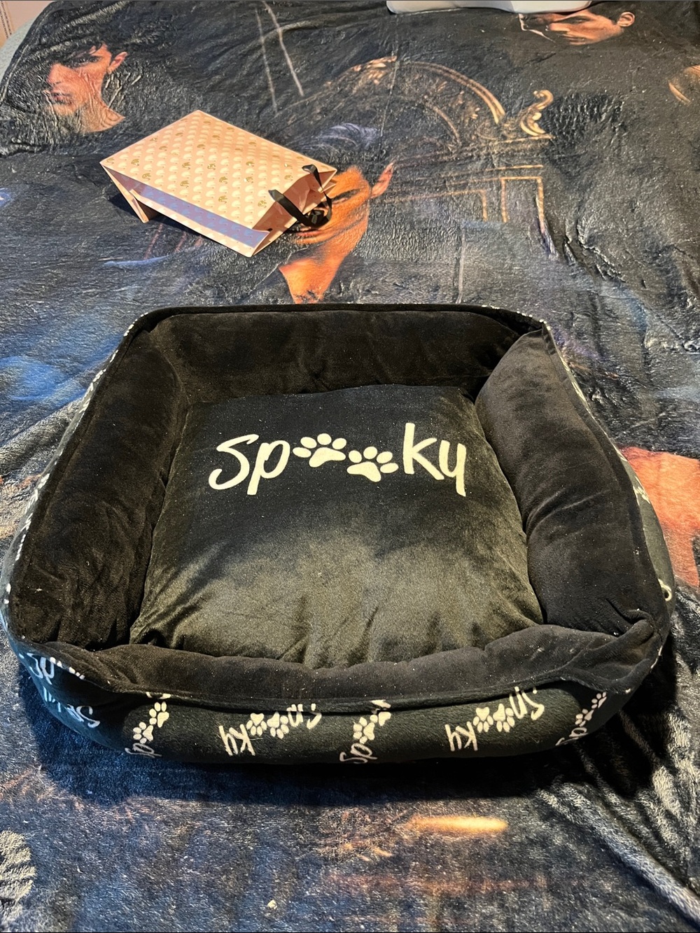 Plush Black Dog Bed with Paw-Print Accent